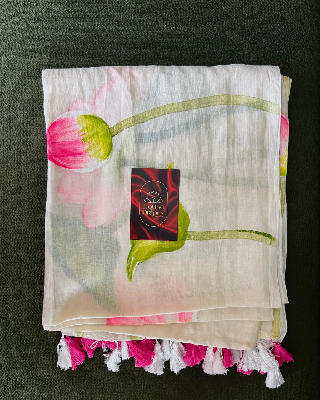 Lotus hand-painted mul cotton saree