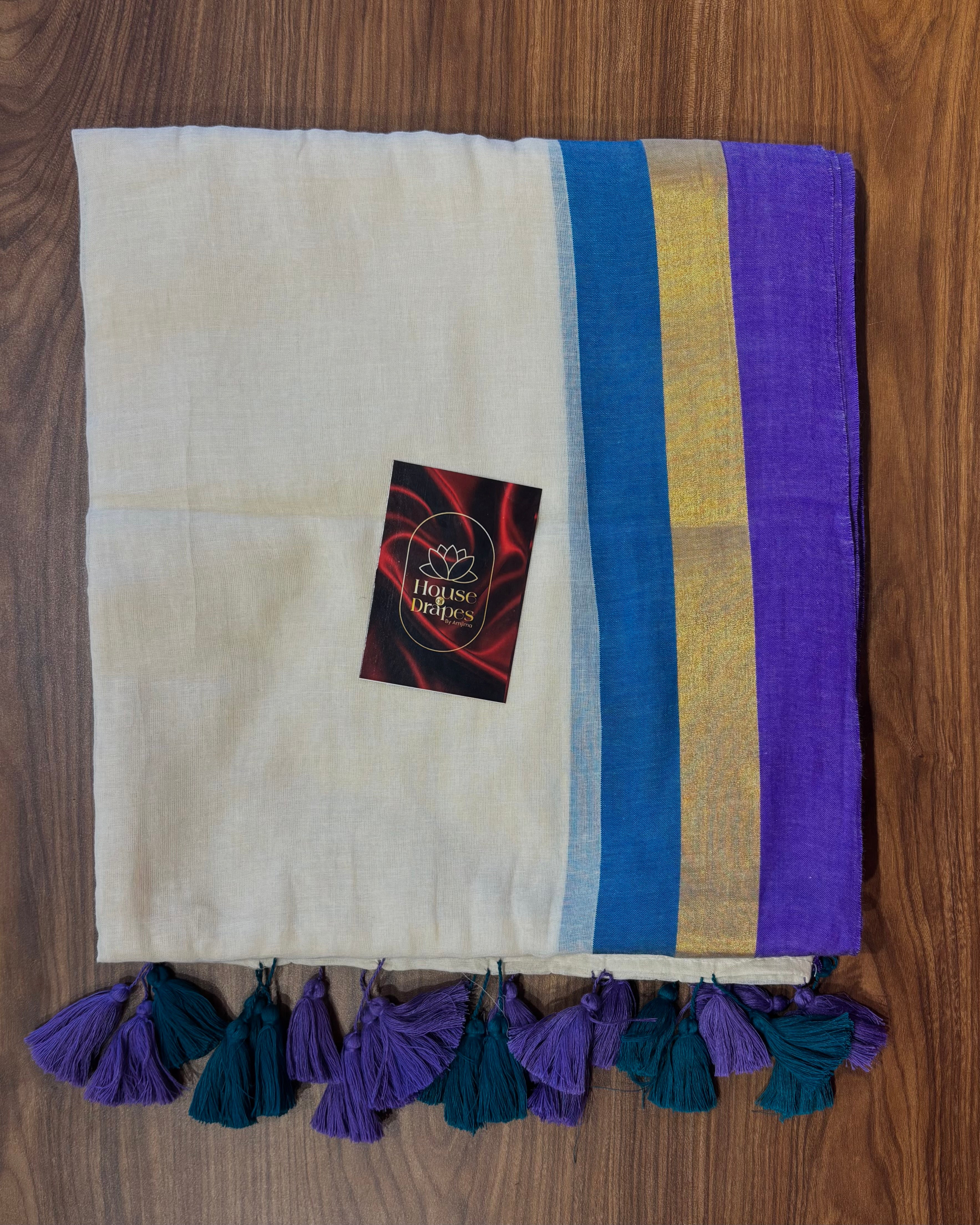 Blue and purple border mul cotton saree