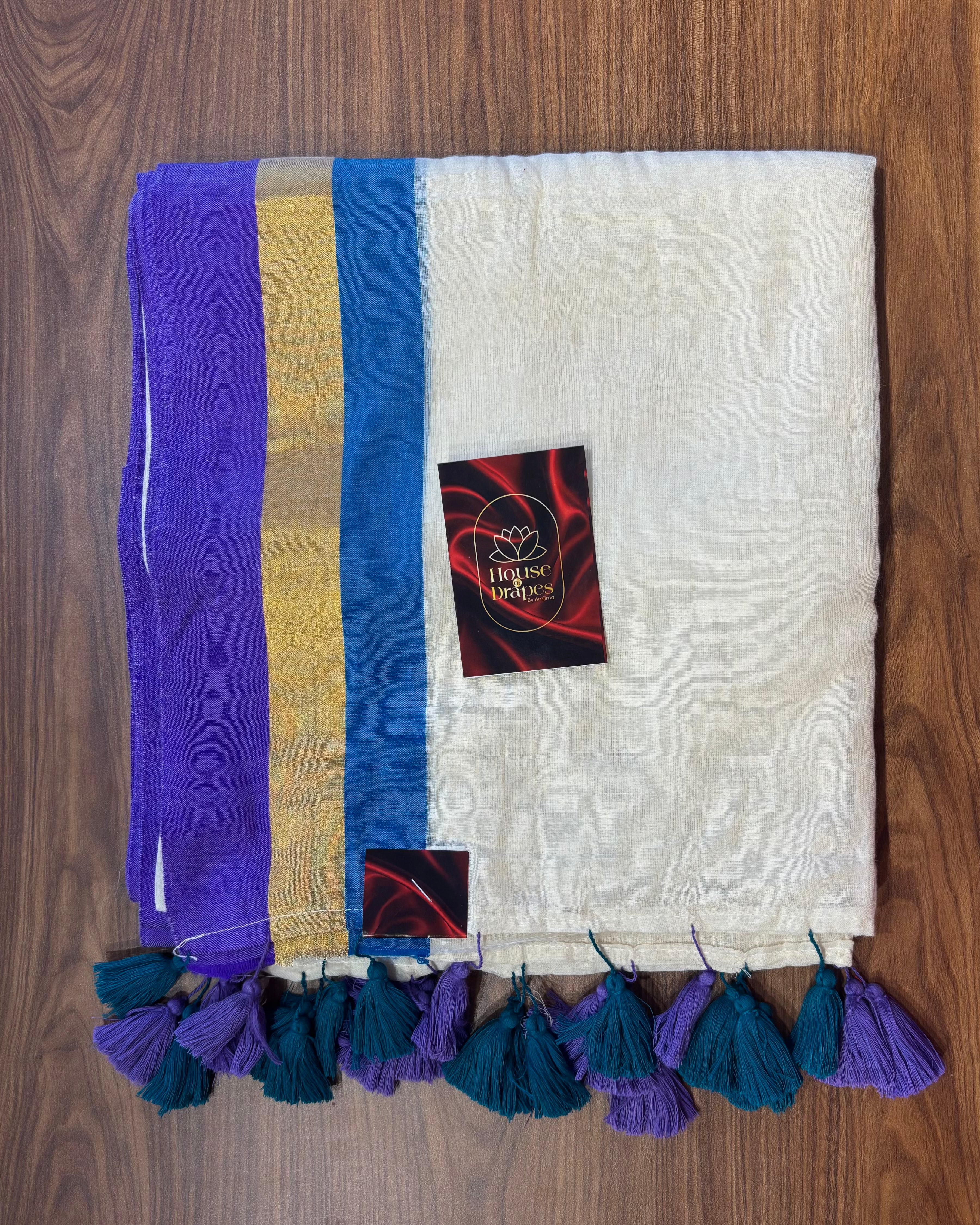 Blue and purple border mul cotton saree
