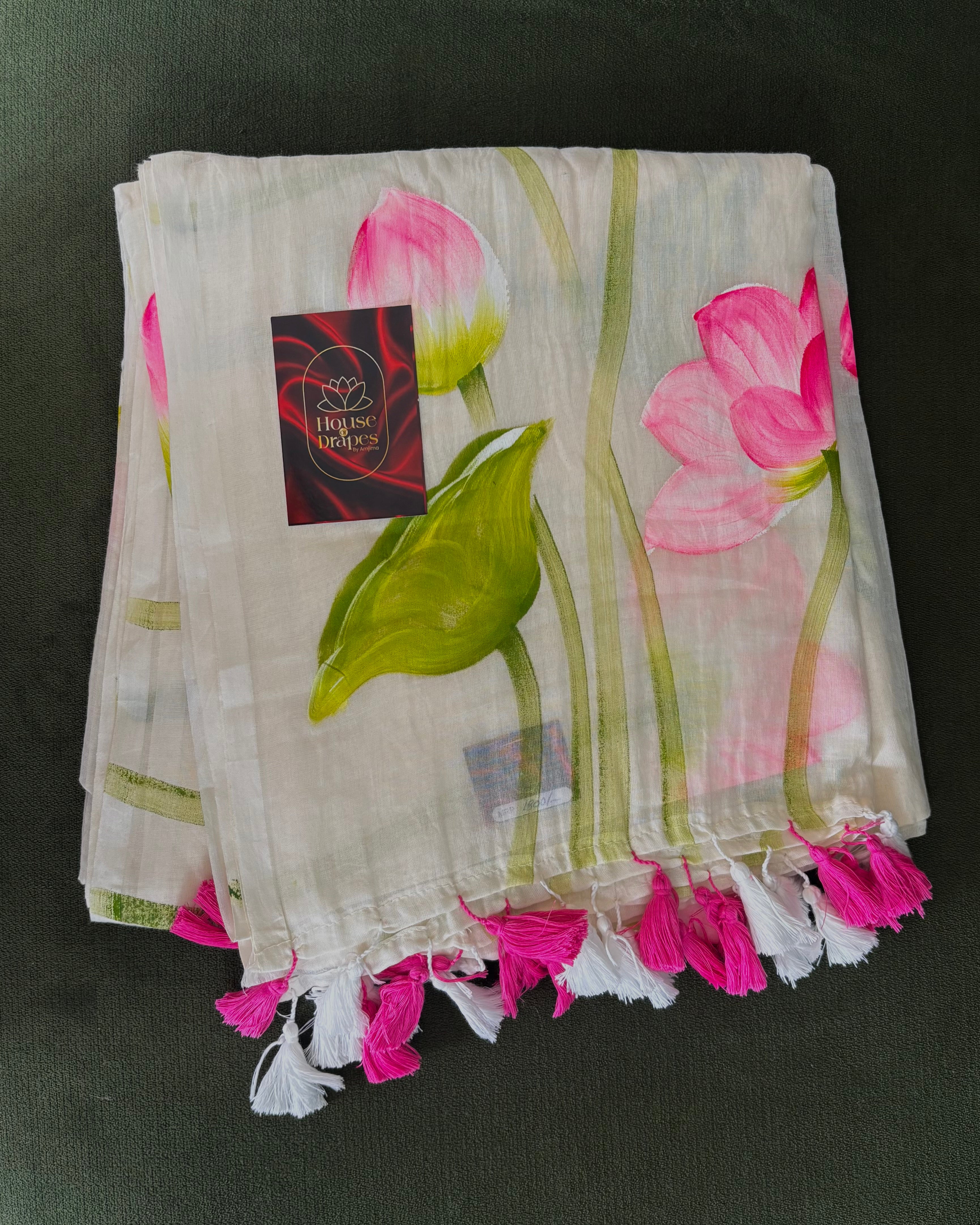 Lotus hand-painted mul cotton saree
