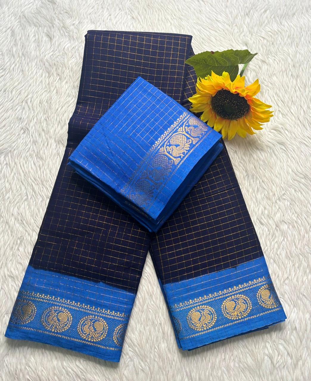 Zari Checked Sungudi Cotton Saree – Blue & Navy