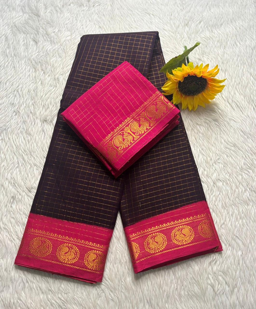 Zari Checked Sungudi Cotton Saree – Magenta & Navy