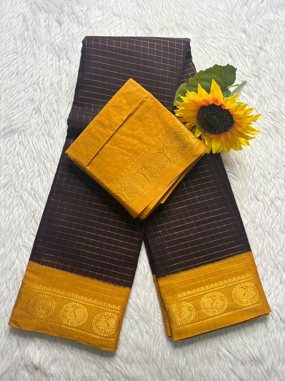 Zari Checked Sungudi Cotton Saree – Mustard & Navy