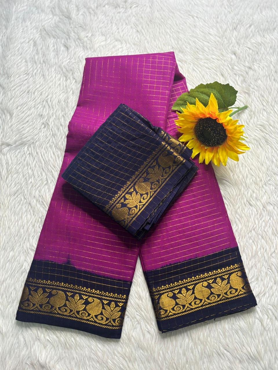 Zari Checked Sungudi Cotton Saree – Purple & Navy