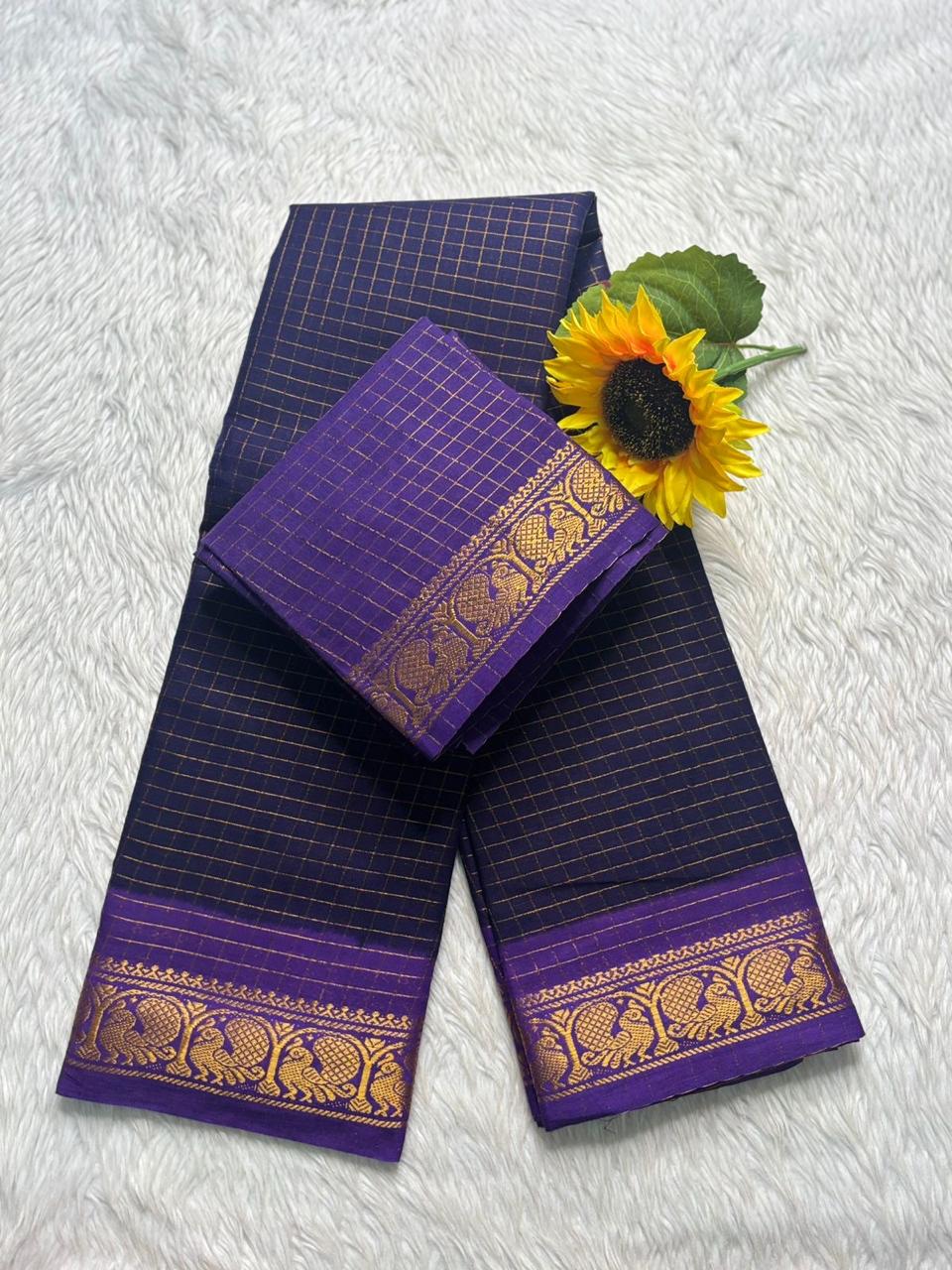 Zari Checked Sungudi Cotton Saree – Honey Flower & Navy.