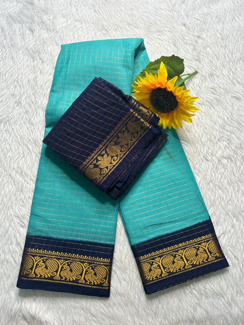 Zari Checked Sungudi Cotton Saree – Aqua & Navy